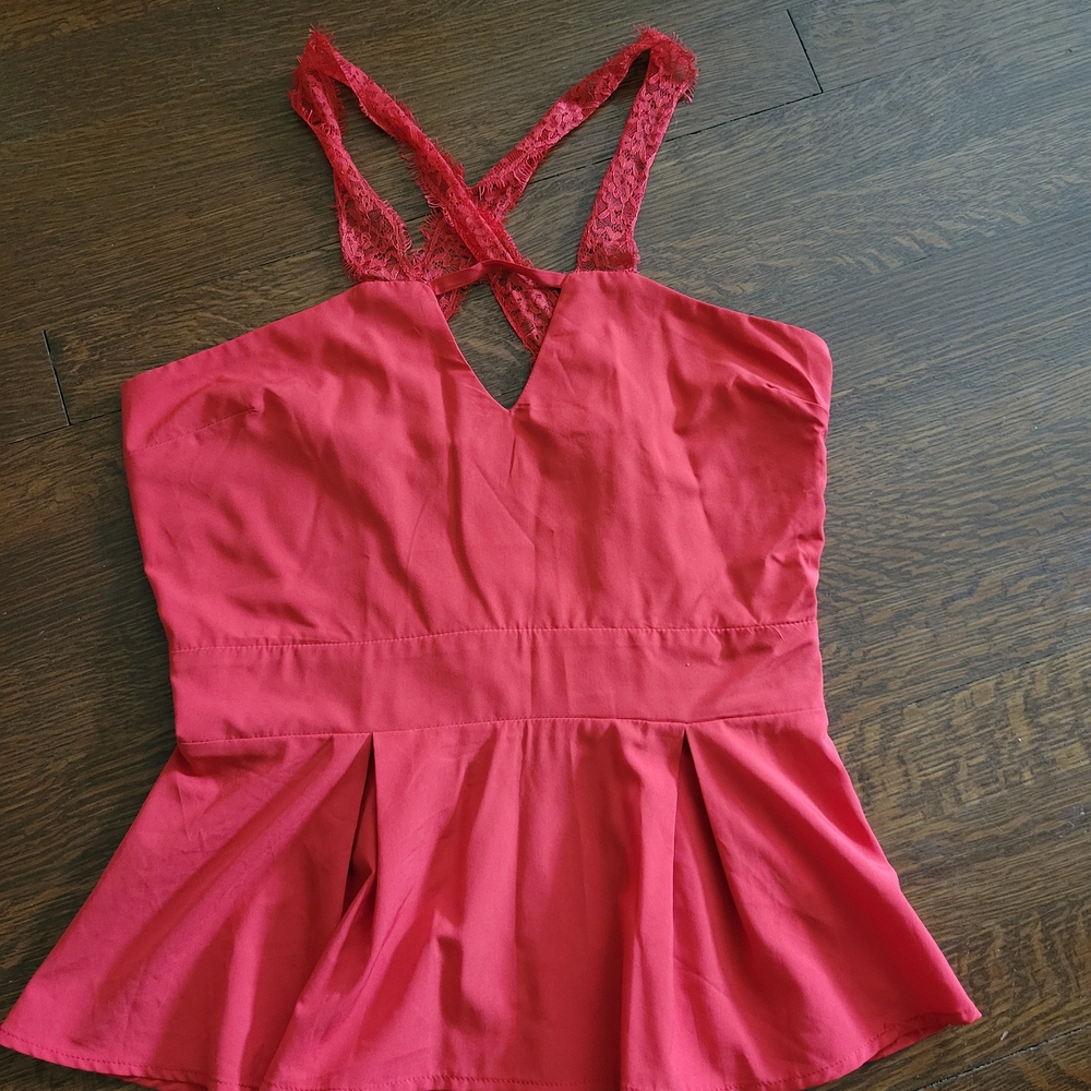 Tobi Red Lace Strap Peplum Top